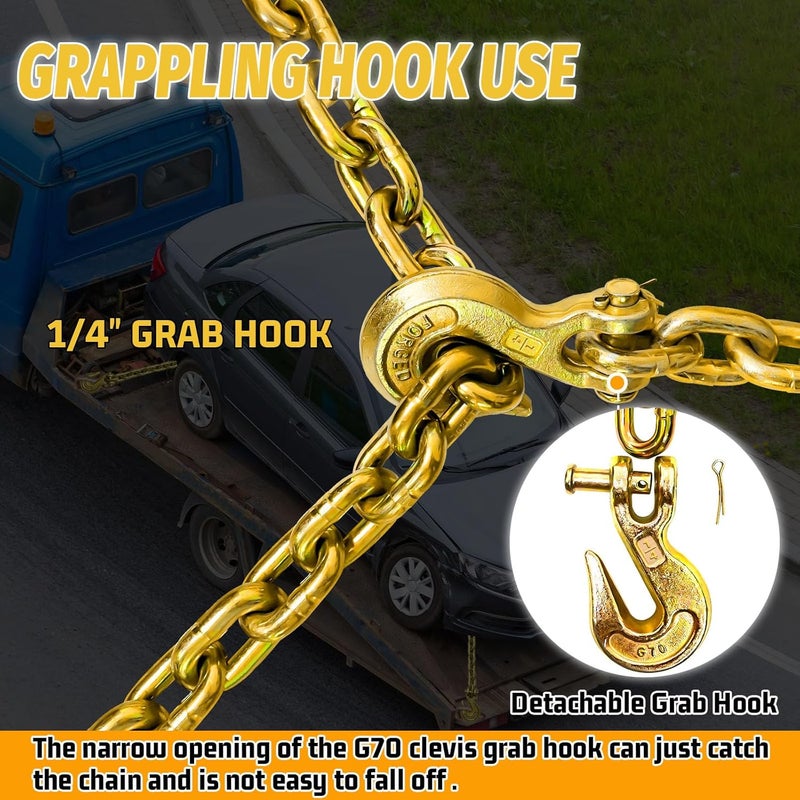 SENKEYFE 1/4" Tow Chain|G80 Tie Down Chain with G70 Clevis Grab Hooks for Towing|16FT Heavy Duty Chain Wll 3300 Lbs|Log Trailer Transport Safety Chain for Towing Truck Tie Down Binding Equipment - Image 3